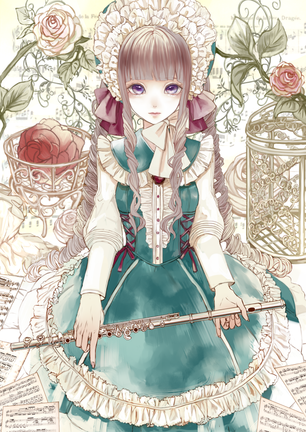 1girl, bonnet, dress, female_focus, flower, flute, frills, instrument