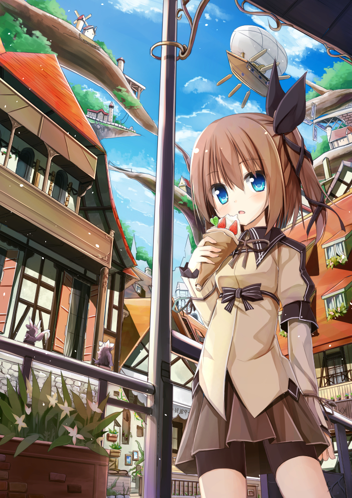 1girl, aircraft, airship, bike_shorts, bike_shorts_under_skirt, blue_hair, blue_sky, brown_hair