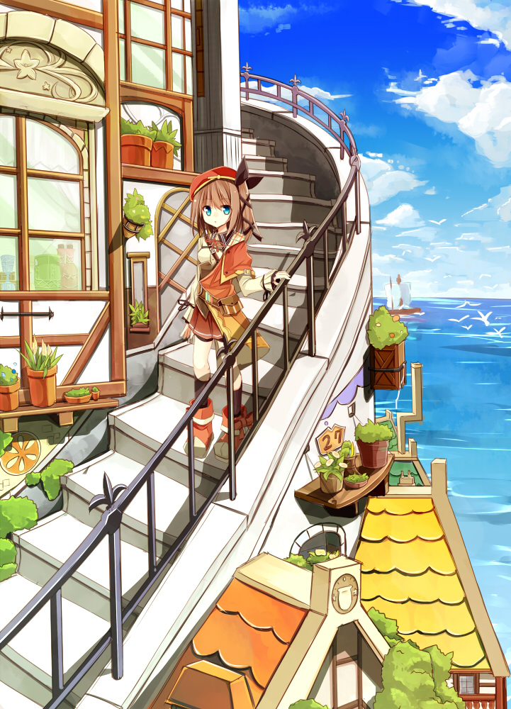 1girl, blue_eyes, blue_sky, brown_hair, cloud, day, female_focus, fleur-de-lis, hat, long_hair, looking_at_viewer, lucena_winter, original, plant, pot, potted_plant, ship, side_ponytail, skirt, sky, solo, stairs, watercraft, yuuhagi_(amaretto-no-natsu)