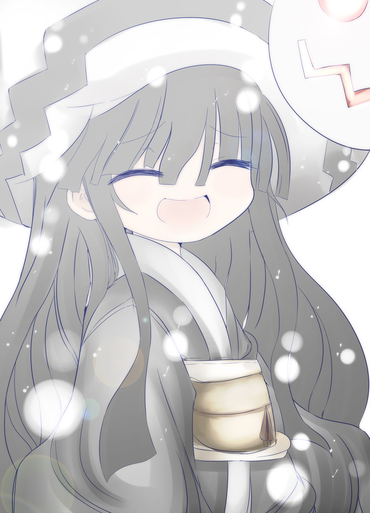 1girl, black_hair, closed_eyes, cool-kyou_shinja, female_focus, happy, hat, japanese_clothes