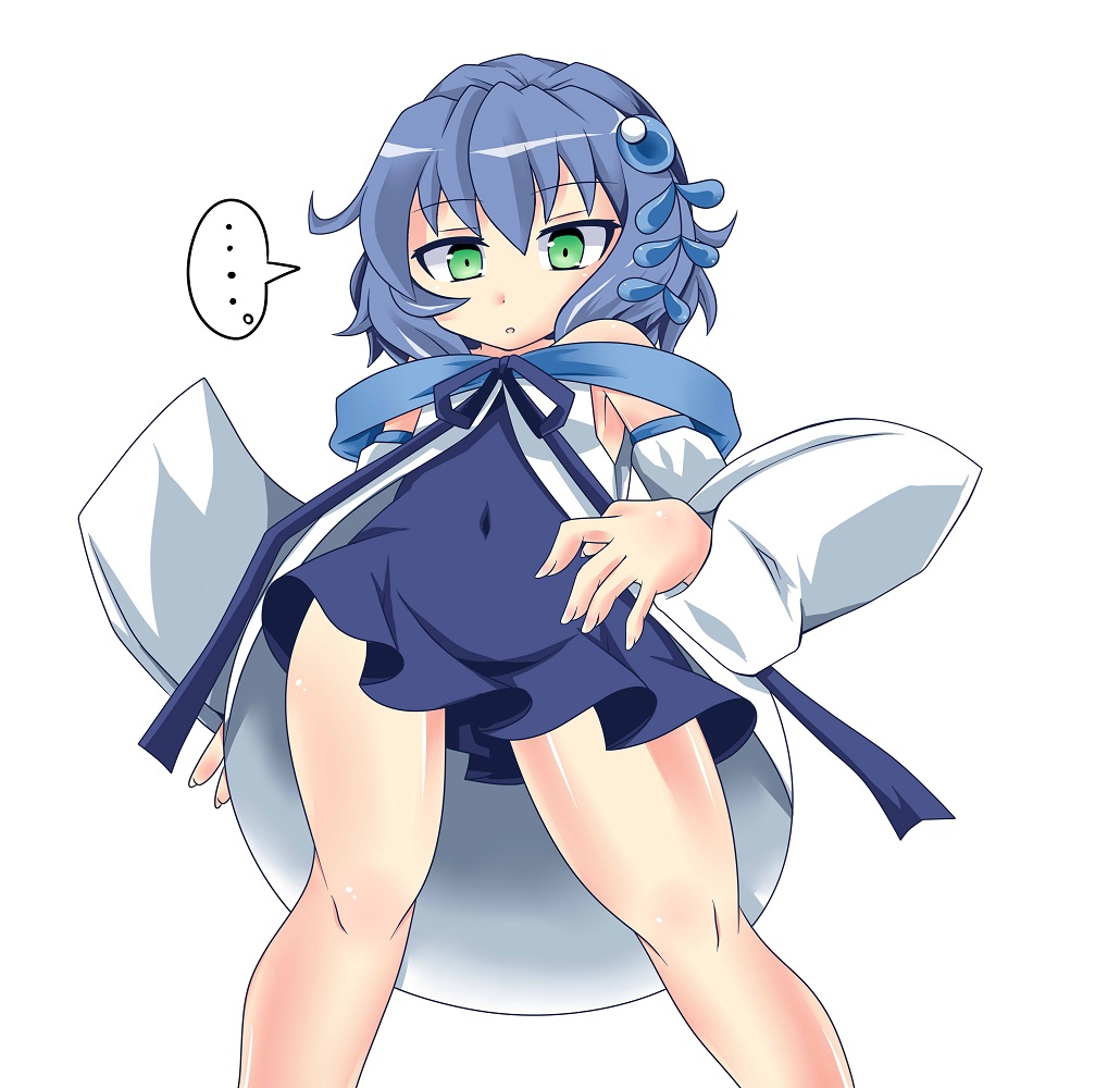 10s, 1girl, akatsu_botan, armpits, blue_hair, child, detached_sleeves, dress, expressionless, female_focus, green_eyes, hair_ornament, piruluk, short_hair, simple_background, solo, wixoss