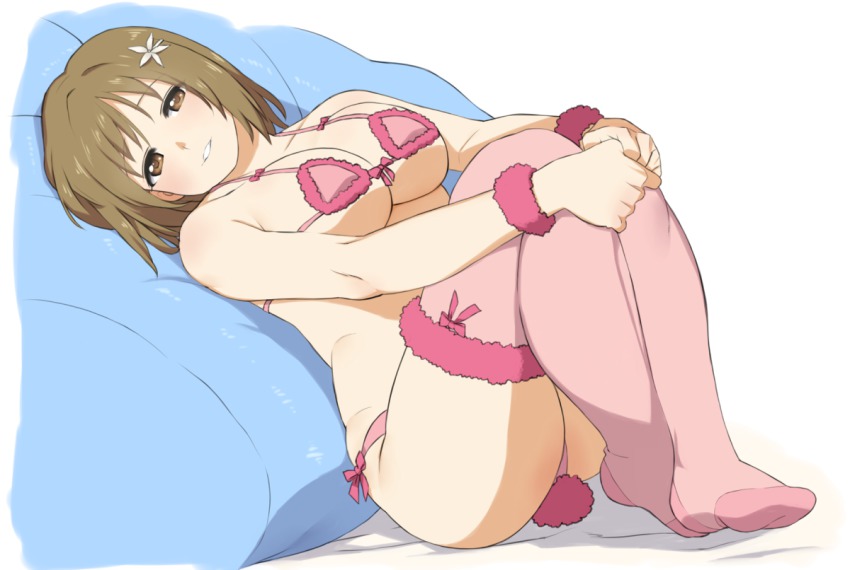 10s, 1girl, bad_id, bad_pixiv_id, bed_sheet, blush, breasts, brown_eyes