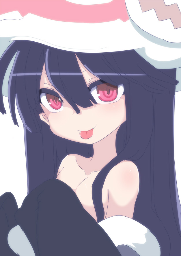 1girl, :p, black_hair, cool-kyou_shinja, female_focus, hat, juse_rino, long_hair, looking_at_viewer, peach_boy_riverside, red_eyes, solo, tongue, tongue_out, undressing