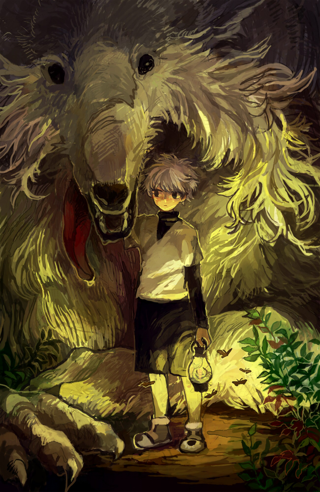 1boy, animal, bug, dirt, dog, fire, hunter_x_hunter, killua_zoldyck, lantern, looking_away, male_focus, mike_(hunter_x_hunter), minahamu, moth, plant, shoes, short_hair, shorts, sneakers, standing, tongue, turtleneck, undershirt, v-neck, white_hair