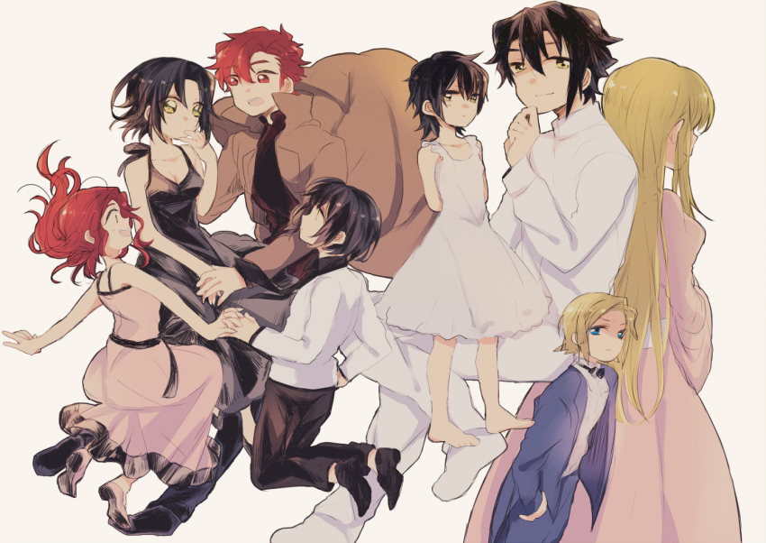 00s, 4boys, 4girls, assf_krsya, baccano!, bad_id, bad_pixiv_id, black_hair, blonde_hair, blue_eyes, chane_laforet, charon_walken, claire_stanfield, claudia_walken, dress, family, huey_laforet, long_hair, luchino_campanella, monica_campanella, multiple_boys, multiple_girls, red_eyes, red_hair, riza_laforet, short_hair, yellow_eyes