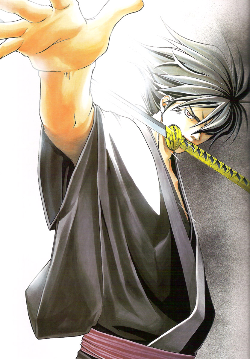 1boy, from_side, gradient_background, hair_over_one_eye, highres, kamijyo_akimine, katana, male_focus