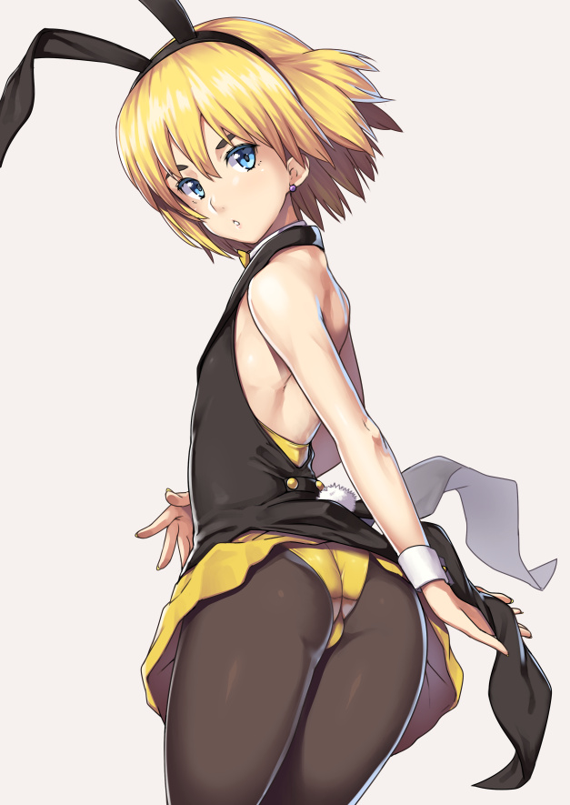 1boy, androgynous, animal_ears, armin_arlert, ass, blonde_hair, crossdressing, crossdressing_(mtf), earrings, fake_animal_ears, from_behind, hairband, jewelry, looking_back, male_focus, male_playboy_bunny, nagase_haruhito, pantyhose, playboy_bunny, rabbit_ears, rabbit_tail, shingeki_no_kyojin, short_hair, simple_background, skirt, solo, tail, tailcoat, trap, usamin, wrist_cuffs