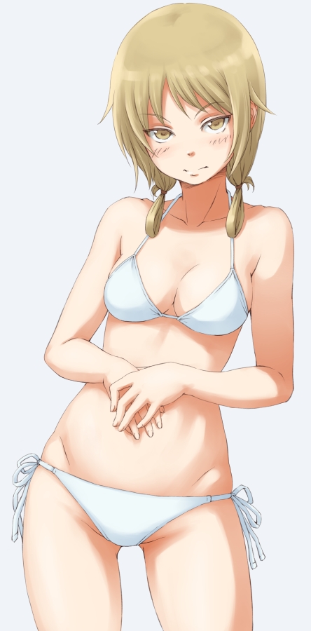 1girl, bad_id, bad_pixiv_id, bikini, blonde_hair, blush, breasts, cleavage