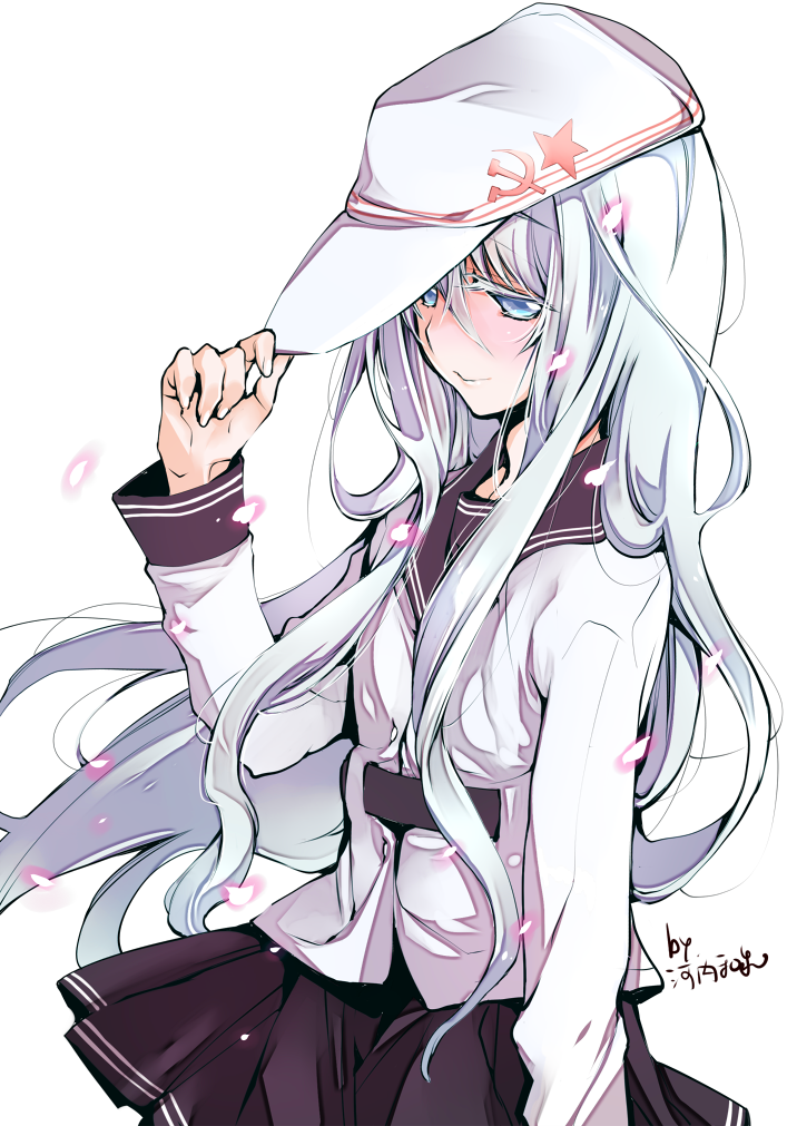 10s, 1girl, blue_eyes, colored_eyelashes, female_focus, hammer_and_sickle, hat, hat_tip, hibiki_(kancolle), i-kawachi, kantai_collection, kawachi_izumi, long_hair, personification, school_uniform, serafuku, silver_hair, skirt, solo, star_(symbol), verniy_(kancolle)