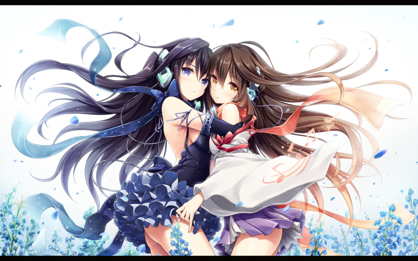 2girls, akkijin, ass, asymmetrical_docking, bare_back, beamed_quavers, blue_eyes, blue_gloves, blue_hair, blush, bow, breast_press, breasts, brown_eyes, brown_hair, detached_sleeves, elbow_gloves, female_focus, frilled_skirt, frills, from_side, gloves, headgear, highres, hug, kokone_(vocaloid), letterboxed, long_hair, looking_at_viewer, medium_breasts, multiple_girls, musical_note, open_mouth, original, petals, print_bow, quaver, ribbon, sideboob, skirt, starry_sky_print, vocaloid, wide_sleeves