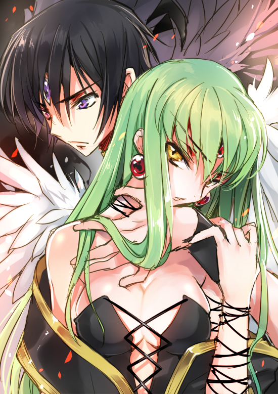 1990s_(style), 1boy, 1girl, access_time, angel_wings, black_hair, breasts, brooch