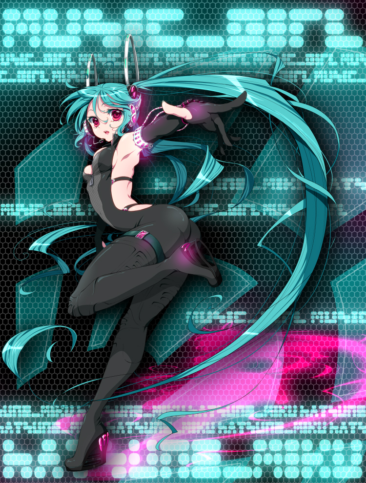 1girl, aqua_hair, armpits, character_name, elbow_gloves, female_focus, gloves, hatsune_miku