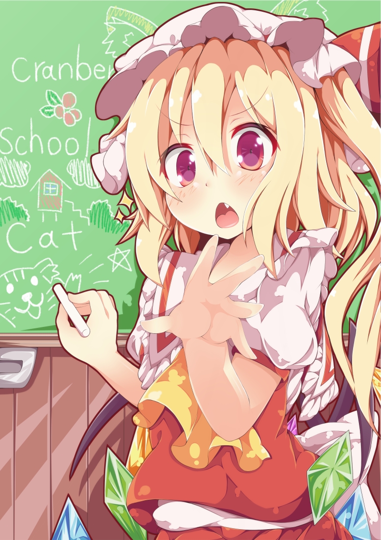 1girl, ascot, blonde_hair, blush, chalk, chalkboard, english_text, fang