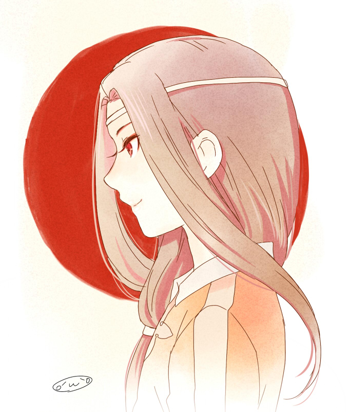 1boy, androgynous, bad_id, bad_pixiv_id, brown_hair, circlet, headband, inazuma_eleven_(series), inazuma_eleven_go, kurosaki_makoto, long_hair, male_focus, mizuhara_aki, profile, red_eyes, red_sun, seidouzan, smile, soccer_uniform, solo, sportswear, trap, upper_body