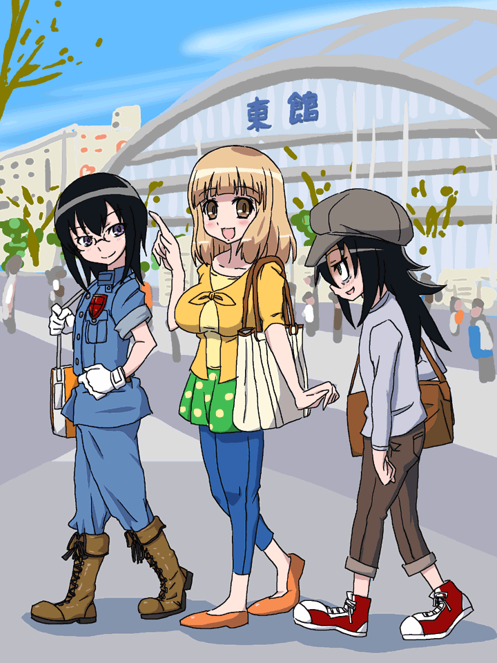 3girls, akiyama_(r-aki), bags_under_eyes, black_hair, blonde_hair, boots, breasts, brown_eyes, cosplay, flat_chest, full_body, glasses, gloves, hat, hellsing, komiyama_kotomi, kuroki_tomoko, large_breasts, multiple_girls, naruse_yuu, newsboy_cap, purple_eyes, seras_victoria, shoes, smile, sneakers, watashi_ga_motenai_no_wa_dou_kangaetemo_omaera_ga_warui!