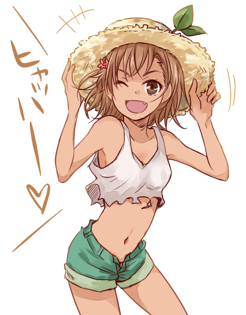 1girl, brown_eyes, brown_hair, crop_top, crop_top_overhang, fang, female_focus, funasshii, hat, looking_at_viewer, mayu_(airmods), midriff, misaka_mikoto, navel, one_eye_closed, open_fly, open_mouth, short_hair, shorts, smile, solo, straw_hat, tank_top, toaru_kagaku_no_railgun, toaru_majutsu_no_index, unzipped, wink