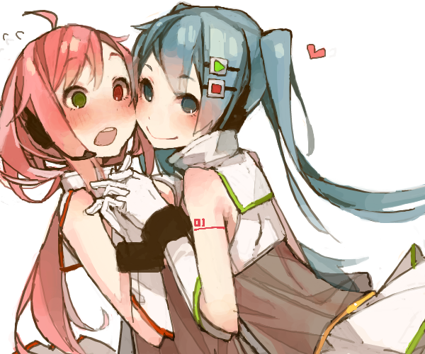 2girls, :o, ahoge, aqua_eyes, aqua_hair, bare_shoulders, blush, elbow_gloves