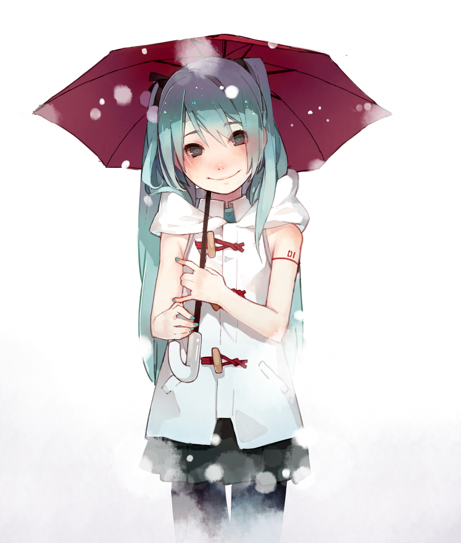 1girl, aqua_hair, aqua_nails, black_pantyhose, blush, brown_eyes, female_focus, hatsune_miku, holding, holding_umbrella, honwa, long_hair, looking_at_viewer, mmlu_(honwa_karesu), nail_polish, pantyhose, skirt, sleeveless, smile, snow, solo, standing, twintails, umbrella, vocaloid, white_background