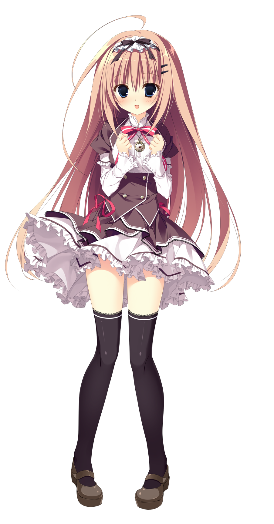 1girl, :d, ahoge, black_thighhighs, blue_eyes, brown_hair, hairband, highres