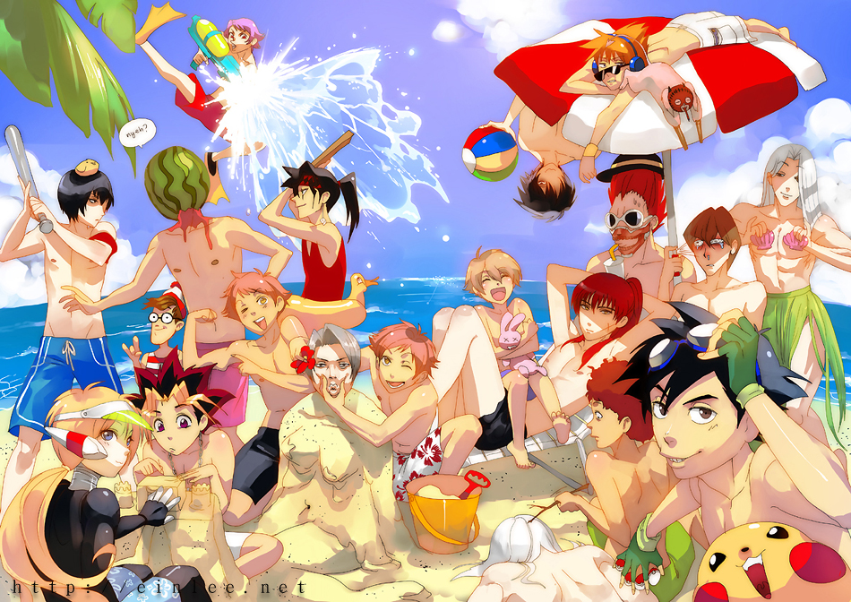 6+boys, ace_attorney, armband, ash_ketchum, barefoot, baseball_bat, beach, bikini