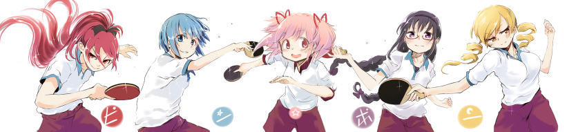 5girls, absurdres, akemi_homura, black_hair, blonde_hair, blue_eyes, blue_hair, bow