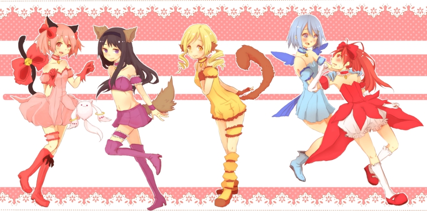 5girls, aizawa_mint, akai_ringo_(tokyo_mew_mew), akemi_homura, animal_ears, arm_garter, bad_id, bad_pixiv_id, bare_shoulders, bell, black_hair, blonde_hair, blue_eyes, blue_hair, boots, bow, cat_ears, cat_tail, choker, cosplay, dog_ears, dog_tail, drill_hair, eye_contact, fairy_wings, female_focus, fong_pudding, frilled_thigh_strap, fujiwara_zakuro, gloves, hair_bow, hair_ornament, hairband, hairclip, high_heels, highres, ikku_(c9h2x), kaname_madoka, kemonomimi_mode, kyubey, long_hair, looking_at_another, looking_at_viewer, looking_back, magical_girl, mahou_shoujo_madoka_magica, mahou_shoujo_madoka_magica_(anime), mew_ichigo, mew_ichigo_(cosplay), mew_mint, mew_mint_(cosplay), mew_pudding, mew_pudding_(cosplay), mew_ringo, mew_ringo_(cosplay), mew_zakuro, mew_zakuro_(cosplay), miki_sayaka, miniskirt, momomiya_ichigo, multiple_girls, parody, pink_eyes, pink_hair, ponytail, purple_eyes, red_eyes, red_hair, sakura_kyoko, short_hair, short_twintails, skirt, tail, tail_bell, tail_bow, tail_ornament, thigh_strap, tokyo_mew_mew, tomoe_mami, twin_drills, twintails, wings, wolf_ears, wolf_tail