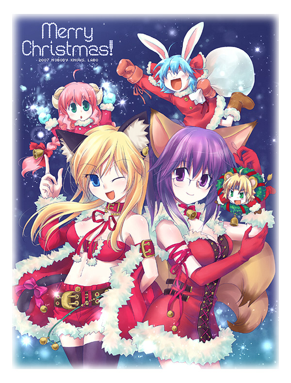 10s, 1boy, 4girls, animal_ears, bunny_(trickster), cat_(trickster), cat_ears, christmas, fox_(trickster), labo_(nobody_knows), lion_(trickster), multiple_girls, original, rabbit_ears, santa_costume, sheep_(trickster), thighhighs, trickster_(ntreev_soft)