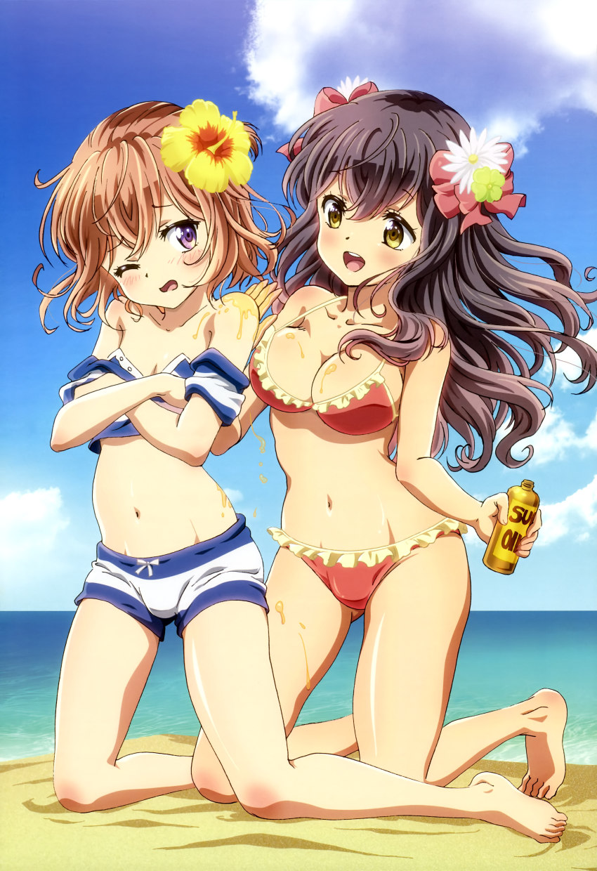10s, 1boy, 1girl, absurdres, barefoot, bikini, blush, bow, brown_hair, bulge, cloud, day, feet, flower, hair_bow, hair_flower, hair_ornament, hibiscus, highres, kanojo_ga_flag_wo_oraretara, long_hair, lotion, mahougasawa_akane, non-web_source, nyantype, official_art, one_eye_closed, open_mouth, sky, striped_bikini, striped_clothes, sunscreen, swimsuit, toes, touzokuyama_megumu, trap, wink, yellow_eyes