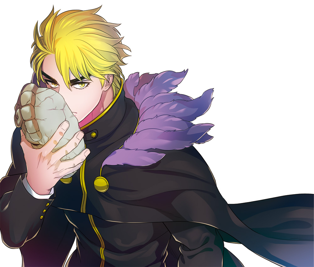 1boy, blonde_hair, cape, dio_brando, feathers, jojo_no_kimyou_na_bouken, male_focus, sokka_(kbs)