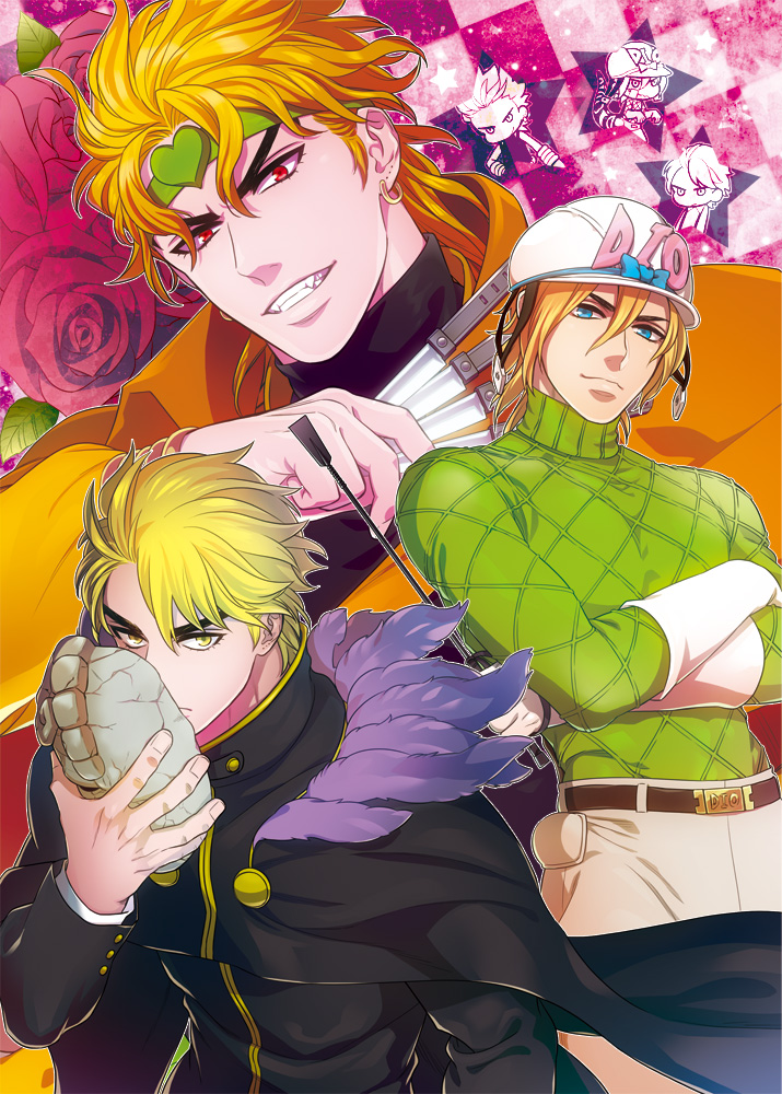 3boys, blonde_hair, blue_eyes, diego_brando, dio_brando, dual_persona, feathers, green_shirt