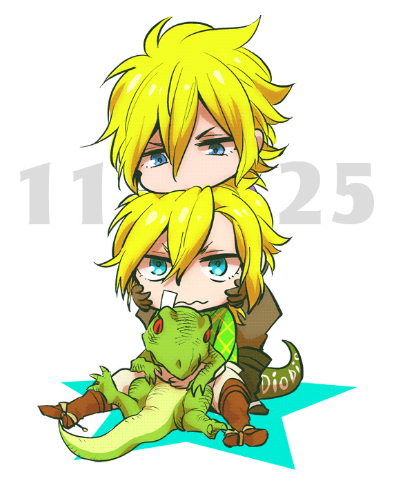 2boys, bad_id, bad_pixiv_id, blonde_hair, blue_eyes, chibi, diego_brando, dinosaur, dio_brando, green_shirt, jojo_no_kimyou_na_bouken, multiple_boys, shirt, sokka_(kbs), steel_ball_run