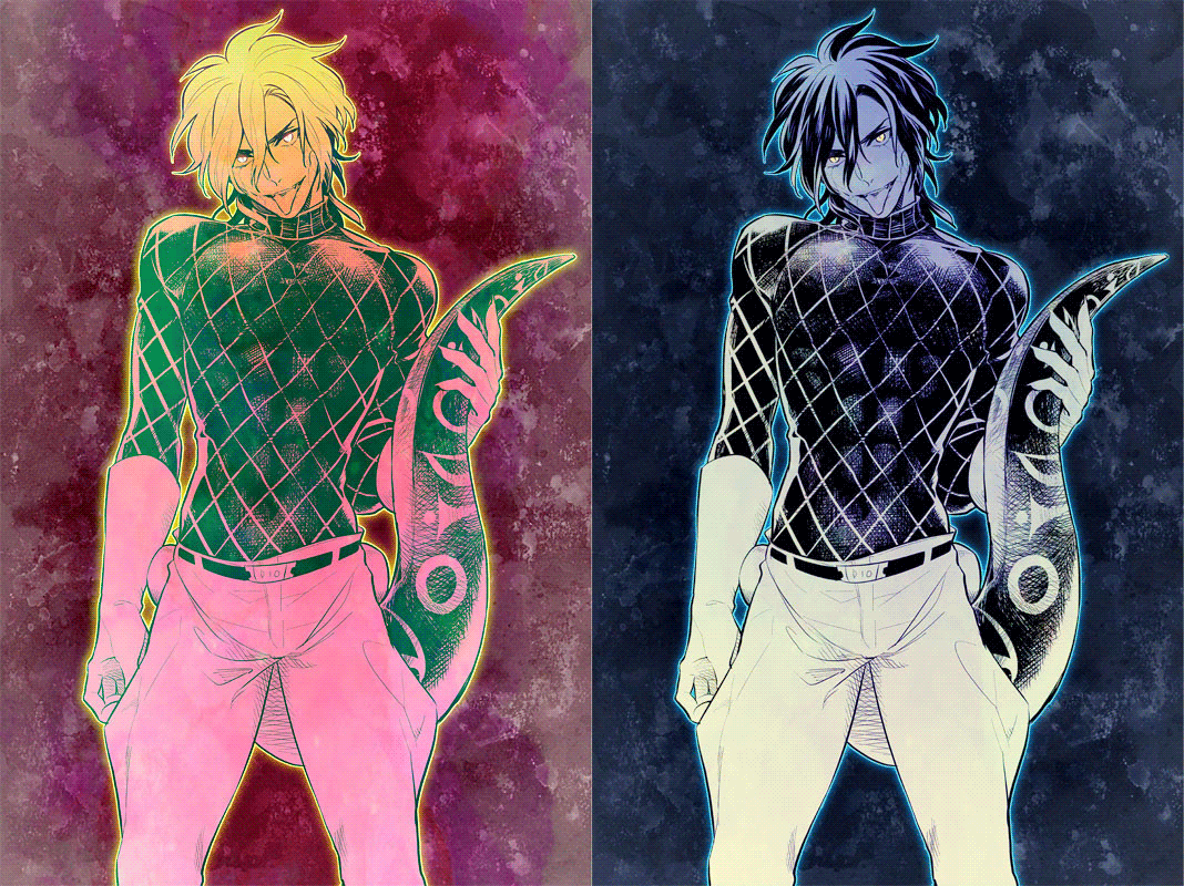 2boys, bad_id, bad_pixiv_id, diego_brando, dual_persona, gloves, green_shirt, jojo_no_kimyou_na_bouken
