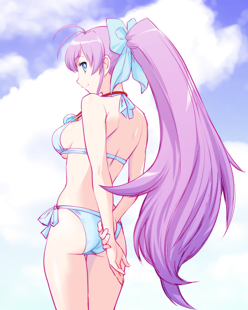 10s, 1girl, antenna_hair, arms_behind_back, ass, bare_shoulders, bikini, blue_eyes