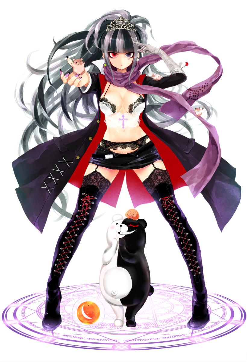 10s, 1girl, animal, bad_id, bad_pixiv_id, boots, bra, breasts, cham-p, chuunibyou, cleavage, crown, danganronpa_(series), danganronpa_2:_goodbye_despair, facial_mark, fake_nails, female_focus, garter_belt, genderswap, genderswap_(mtf), grey_eyes, grey_hair, hamster, heterochromia, highres, jacket, jinkei, jum-p, maga-g, medium_breasts, midriff, monokuma, multicolored_hair, nail_polish, navel, open_clothes, open_jacket, pentagram, purple_eyes, red_eyes, scarf, skirt, solo, sun-d, tanaka_gundam, tanaka_gundham, thigh_boots, thighhighs, two-tone_hair, underwear, white_hair