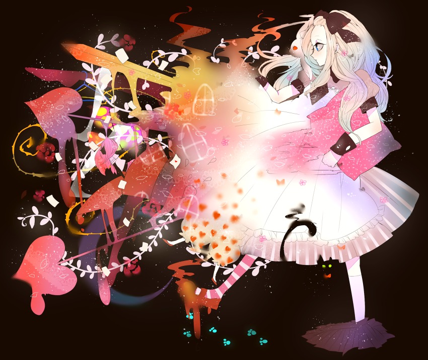 1girl, abstract, alice_(alice_in_wonderland), alice's_adventures_in_wonderland, animal, animal_on_shoulder, blonde_hair, blue_eyes