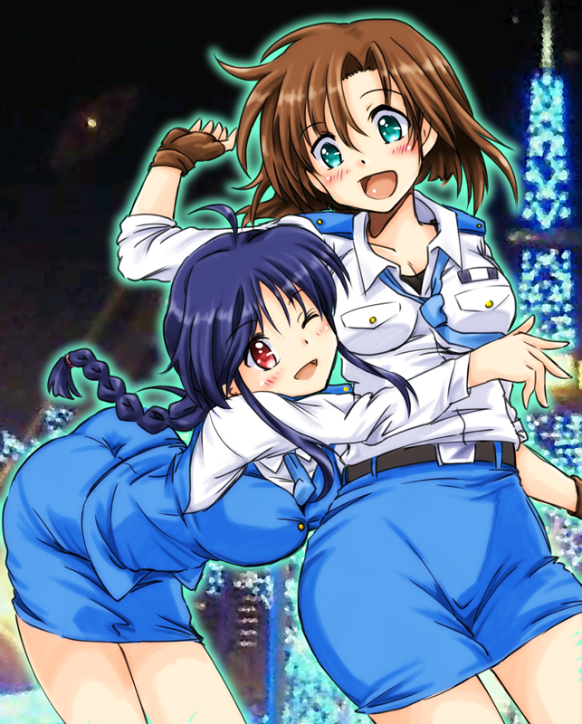 2girls, black_hair, blush, braid, breasts, brown_hair, green_eyes, hug