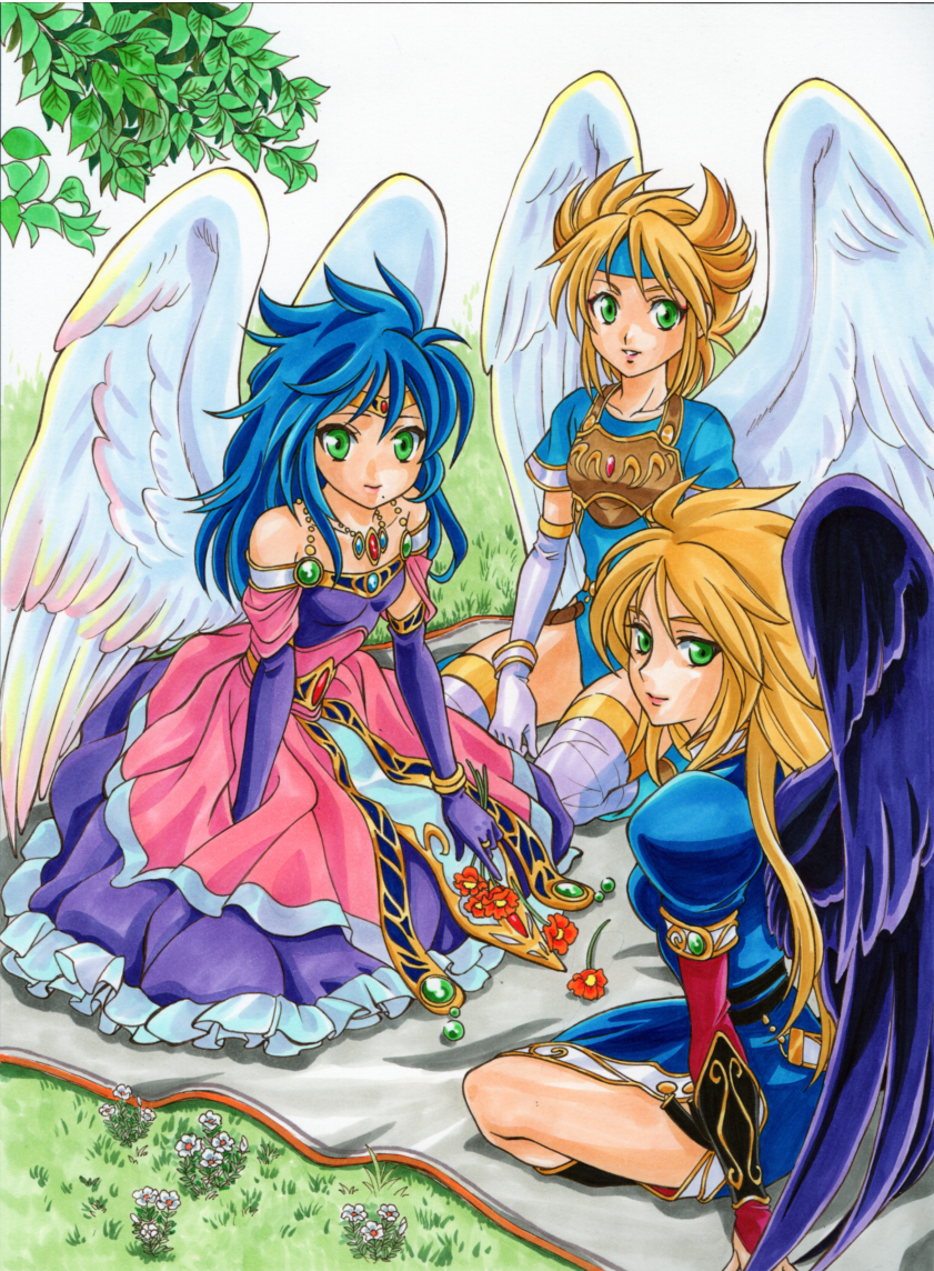 3girls, aged_up, alternate_costume, angel_wings, armor, bad_id, bad_pixiv_id, black_wings, blonde_hair, blue_eyes, blue_hair, boots, breasts, breath_of_fire, breath_of_fire_i, breath_of_fire_ii, capcom, dress, elbow_gloves, flower, gloves, grass, green_eyes, hairband, jewelry, oversized_wings, leaf, leotard, medium_breasts, mina_(breath_of_fire), mochizuki_kazuto, multiple_girls, necklace, nina_(breath_of_fire_i), nina_(breath_of_fire_ii), short_hair, small_breasts, thighhighs, tiara, white_wings, wings