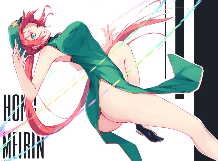 1girl, adapted_costume, alternate_hairstyle, aqua_eyes, ass, bare_arms, bare_legs, breasts, china_dress, chinese_clothes, dress, female_focus, hat, hong_meiling, large_breasts, long_hair, looking_at_viewer, no_panties, ponytail, rean_(r_ean), red_hair, side_slit, sleeveless, sleeveless_dress, solo, star_(symbol), touhou, very_long_hair