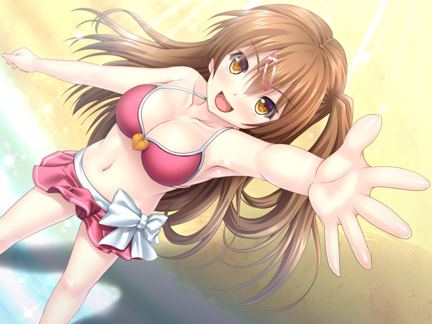 10s, 1girl, bad_id, bad_pixiv_id, bikini, bikini_skirt, breasts, brown_eyes, brown_hair, chuunibyou_demo_koi_ga_shitai!, cleavage, dutch_angle, female_focus, hair_ornament, hairclip, long_hair, looking_at_viewer, looking_up, nibutani_shinka, noshimasa, open_mouth, side_ponytail, smile, solo, swimsuit