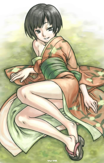 1girl, artist_name, bad_id, bad_pixiv_id, black_eyes, black_hair, feet, feet_together, female_focus, flip-flops, japanese_clothes, kimono, legs, lying, mushishi, off_shoulder, on_side, parted_lips, renzu_(mushishi), sandals, seductive_smile, shoes, short_hair, single_shoe, smile, solo, undressing, yuuya_(yu-ya's)