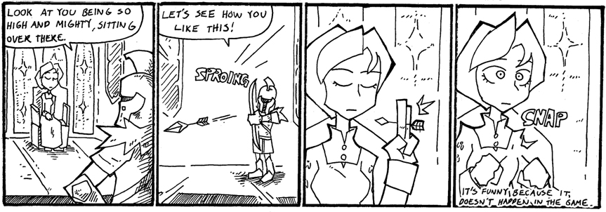 1girl, 4koma, armor, arrow_(projectile), between_fingers, bow_(weapon), breaking, closed_eyes, comic, dark_souls_(series), dark_souls_i, dark_souls_ii, dress, english_text, greyscale, helmet, holding, knight, monochrome, nashandra, on_throne, setz, short_hair, sitting, throne, undead_hero_(dark_souls_2), weapon, wide-eyed