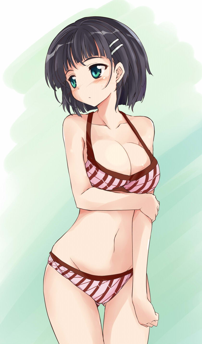 10s, 1girl, black_hair, bra, green_eyes, highres, kirigaya_suguha, panties, pink_bra, pink_panties, shibamine_takashi, short_hair, striped_bra, striped_clothes, striped_panties, sword_art_online, underwear, underwear_only, vertical-striped_bra, vertical-striped_clothes, vertical-striped_panties