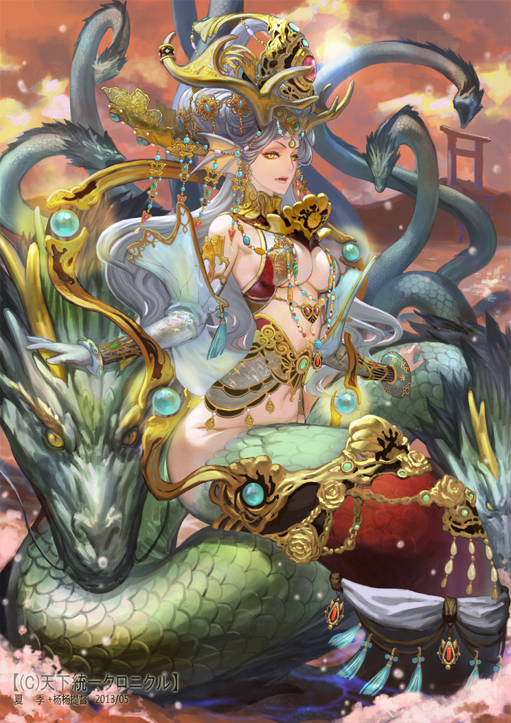 1girl, blue_hair, breasts, dragon, fang, gloves, hair_ornament, horns, jewelry, lamia, large_breasts, lots_of_jewelry, monster_girl, navel, official_art, tenka_touitsu_chronicle, torii, underboob, water_dragon, watermark, xiaji, yellow_eyes