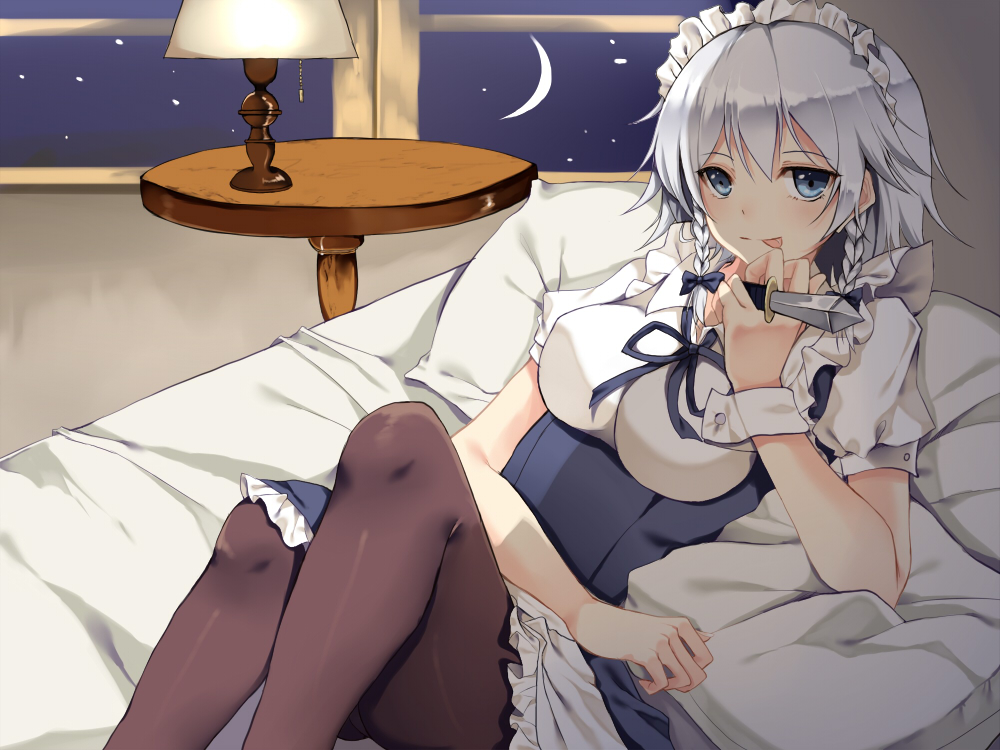 1girl, apron, between_fingers, black_pantyhose, blue_dress, braid, breasts, crescent_moon, dress, female_focus, grey_eyes, holding, izayoi_sakuya, knife, lamp, large_breasts, licking_lips, looking_at_viewer, lying, maid, maid_apron, maid_headdress, moon, night, on_back, on_bed, pantyhose, pillow, puffy_short_sleeves, puffy_sleeves, rinarisa, shirt, short_sleeves, silver_hair, solo, table, tongue, tongue_out, touhou, twin_braids, underbust, waist_apron, window