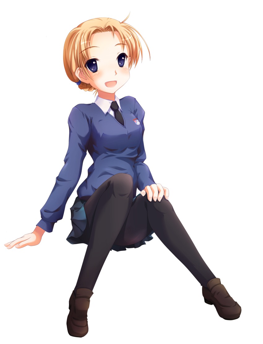 10s, 1girl, black_pantyhose, blonde_hair, blue_eyes, blush, dress_shirt, female_focus, full_body, girls_und_panzer, highres, kan_(2bangai), loafers, miniskirt, necktie, open_mouth, orange_pekoe_(girls_und_panzer), pantyhose, pleated_skirt, school_uniform, shirt, shoes, short_hair, skirt, smile, solo, standing, sweater, white_background, white_shirt