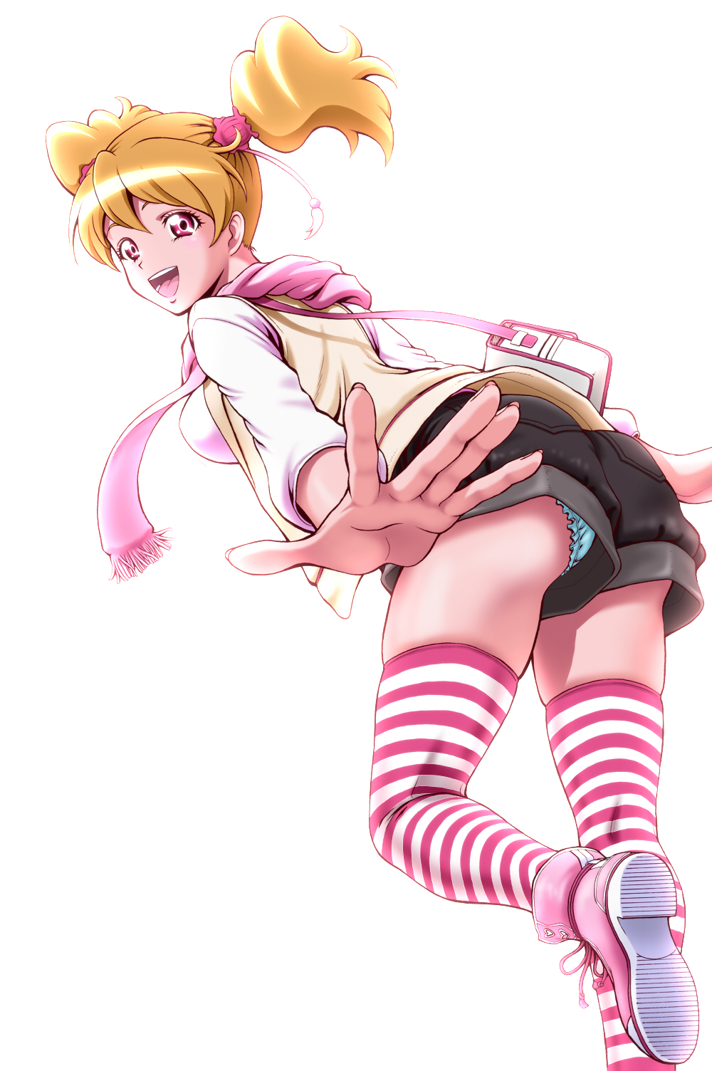 00s, 1girl, ass, blue_panties, brown_hair, eyelashes, female_focus, fresh_precure!