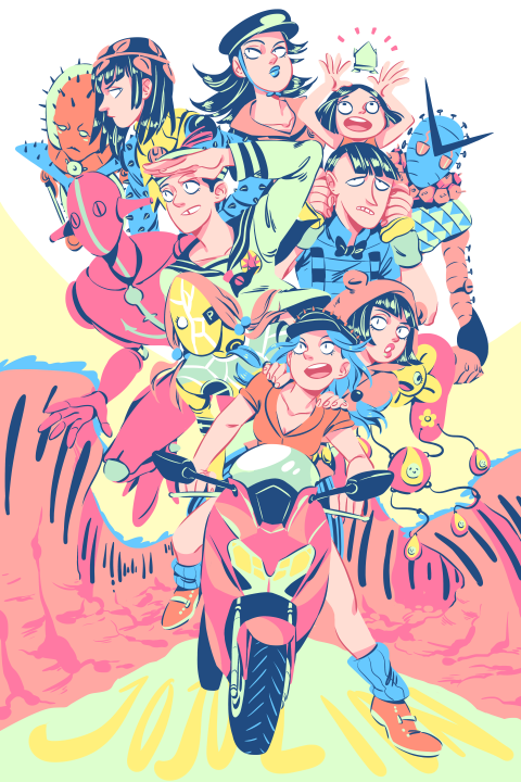 4girls, 6+boys, 6hours_(fancycars), born_this_way_(stand), california_king_bed, higashikata_daiya, higashikata_joshu, higashikata_tsurugi