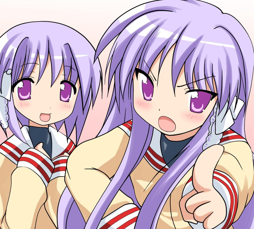 2girls, clannad, company_connection, cosplay, fujibayashi_kyou, fujibayashi_kyou_(cosplay), fujibayashi_ryou, fujibayashi_ryou_(cosplay)