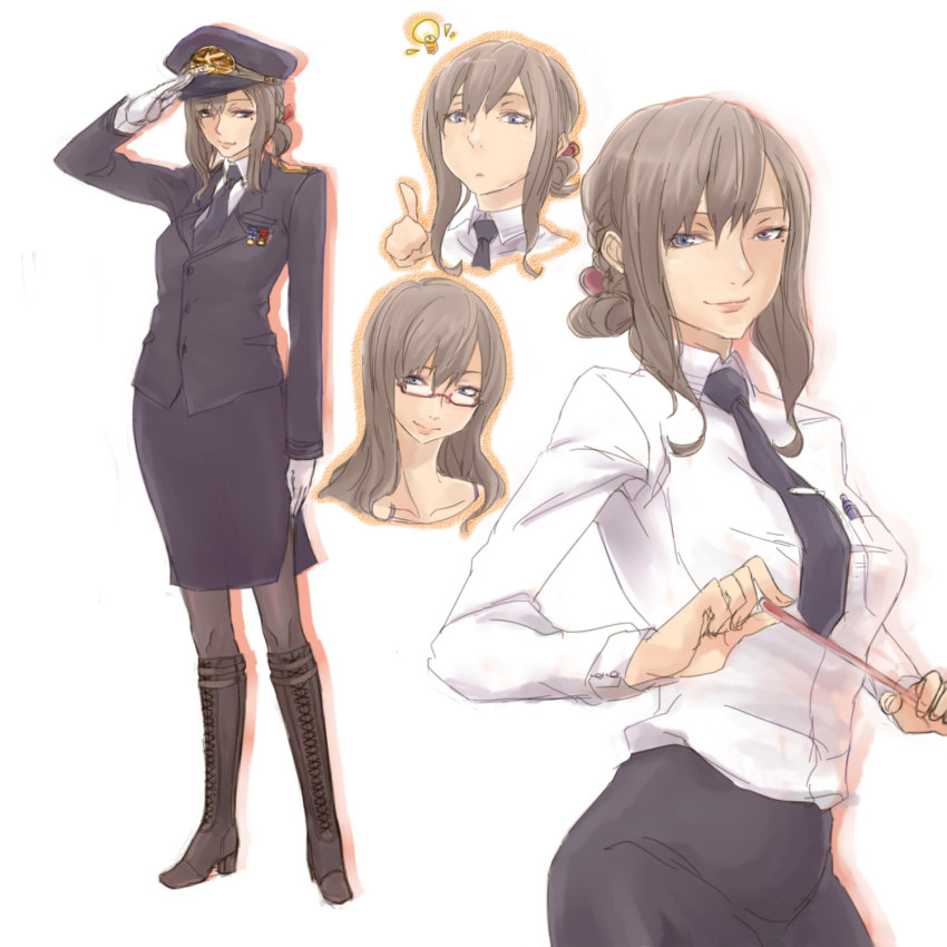 1girl, black_necktie, blue_eyes, boots, brown_hair, formal_clothes, full_body, glasses, hat, highres, jacket, light_bulb, long_hair, military, military_dress_uniform, military_uniform, mole, mole_under_eye, multiple_views, necktie, original, pantyhose, peaked_cap, pencil_skirt, ryu_(gojitann), salute, side_slit, simple_background, skirt, skirt_suit, smile, suit, white_background
