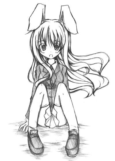 1girl, animal_ears, rabbit_ears, female_focus, full_body, greyscale, miwa_maku, monochrome, reisen_udongein_inaba, skirt, solo, touhou, white_background
